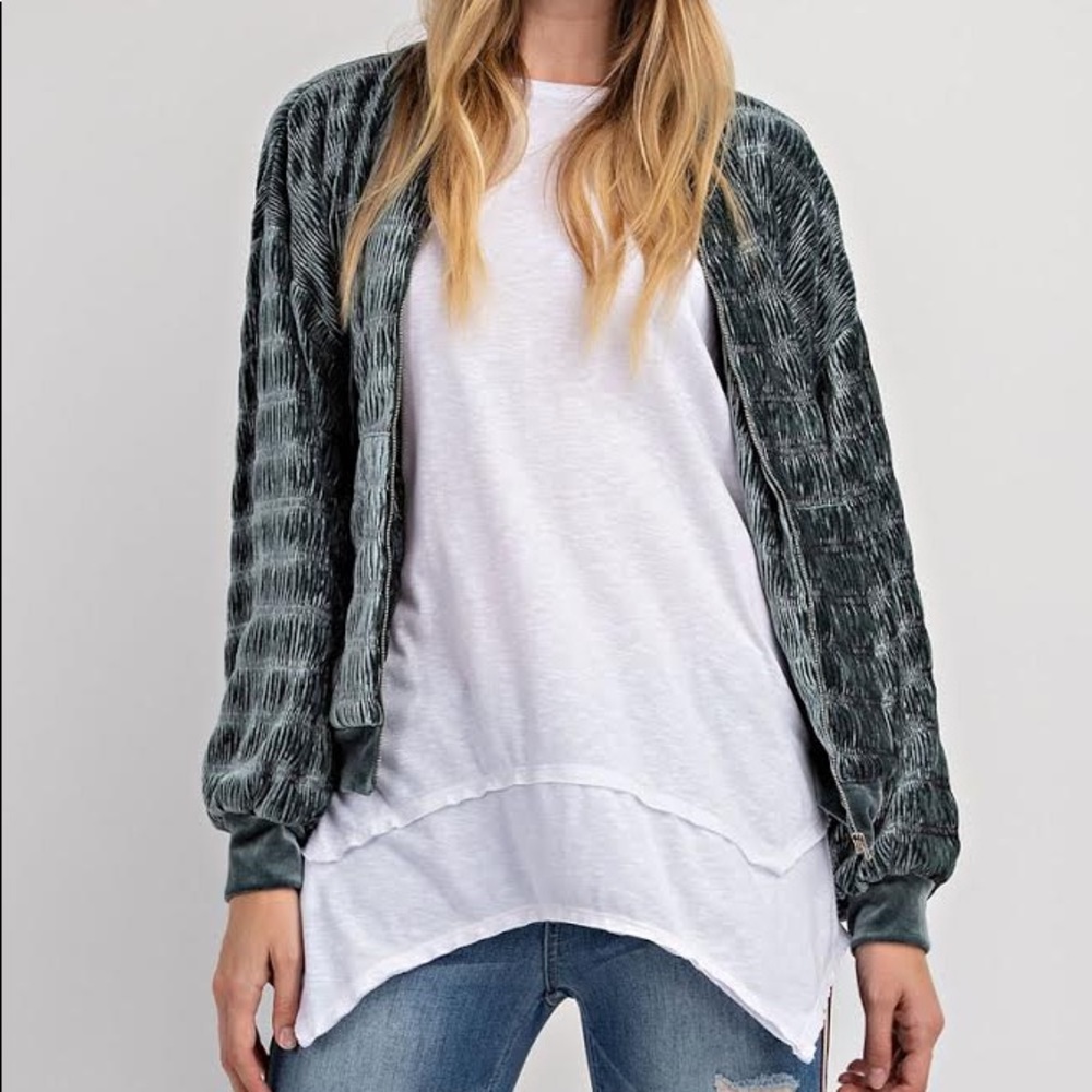 Teal velvet bomber jacket